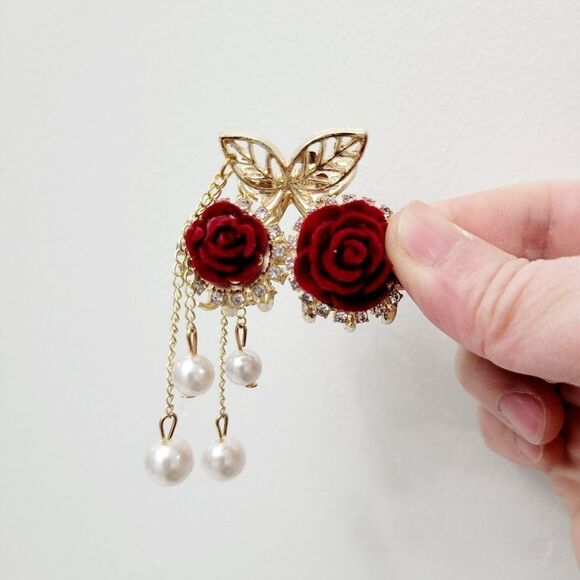 Brand New Gold Tone Red Rose Rhinestone Pearl Hair Claw Clips - Picture 8 of 9